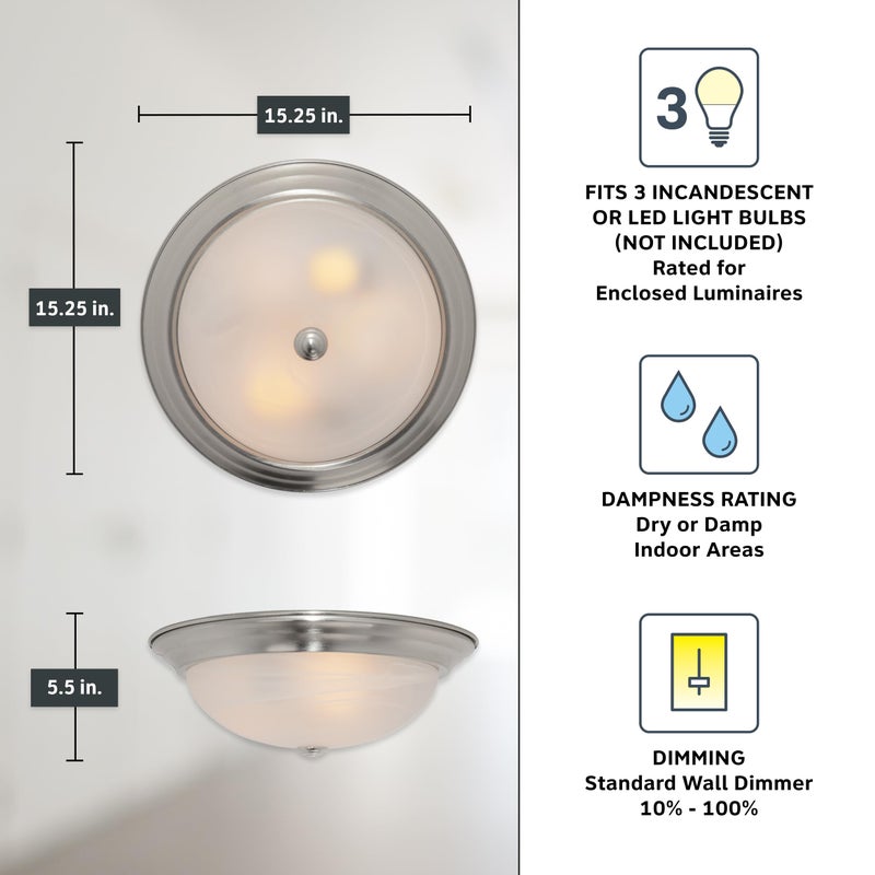 Designers Fountain 15 in Modern 3-Light Flush Mount Ceiling Light, Satin Platinum with Alabaster Glass Shade, 1257L-SP-AL - Image 4